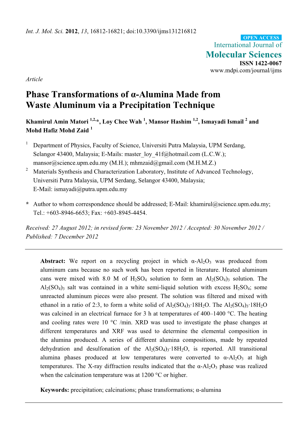 Phase Transformations of Α-Alumina Made from Waste Aluminum Via a Precipitation Technique