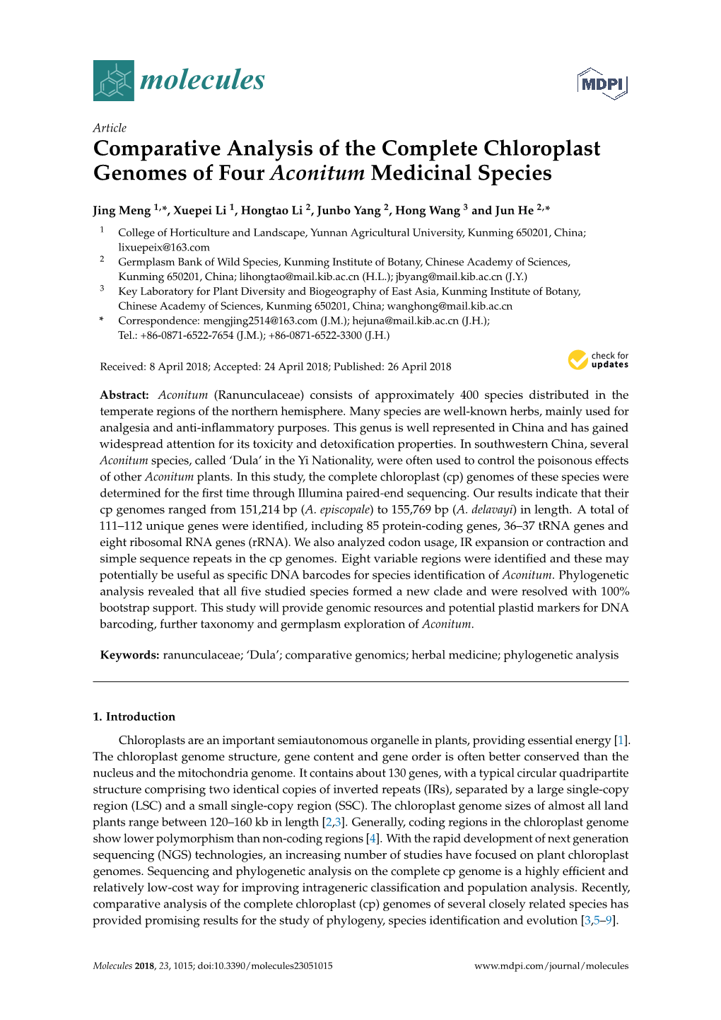 Comparative Analysis of the Complete Chloroplast Genomes of Four Aconitum Medicinal Species