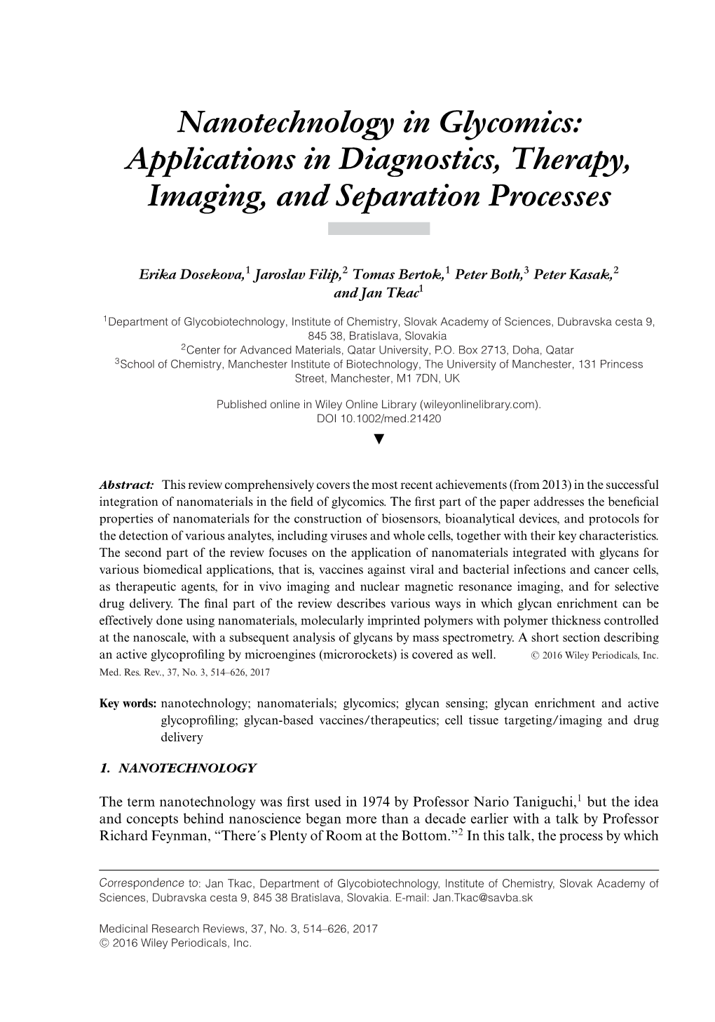 Nanotechnology in Glycomics: Applications in Diagnostics, Therapy, Imaging, and Separation Processes