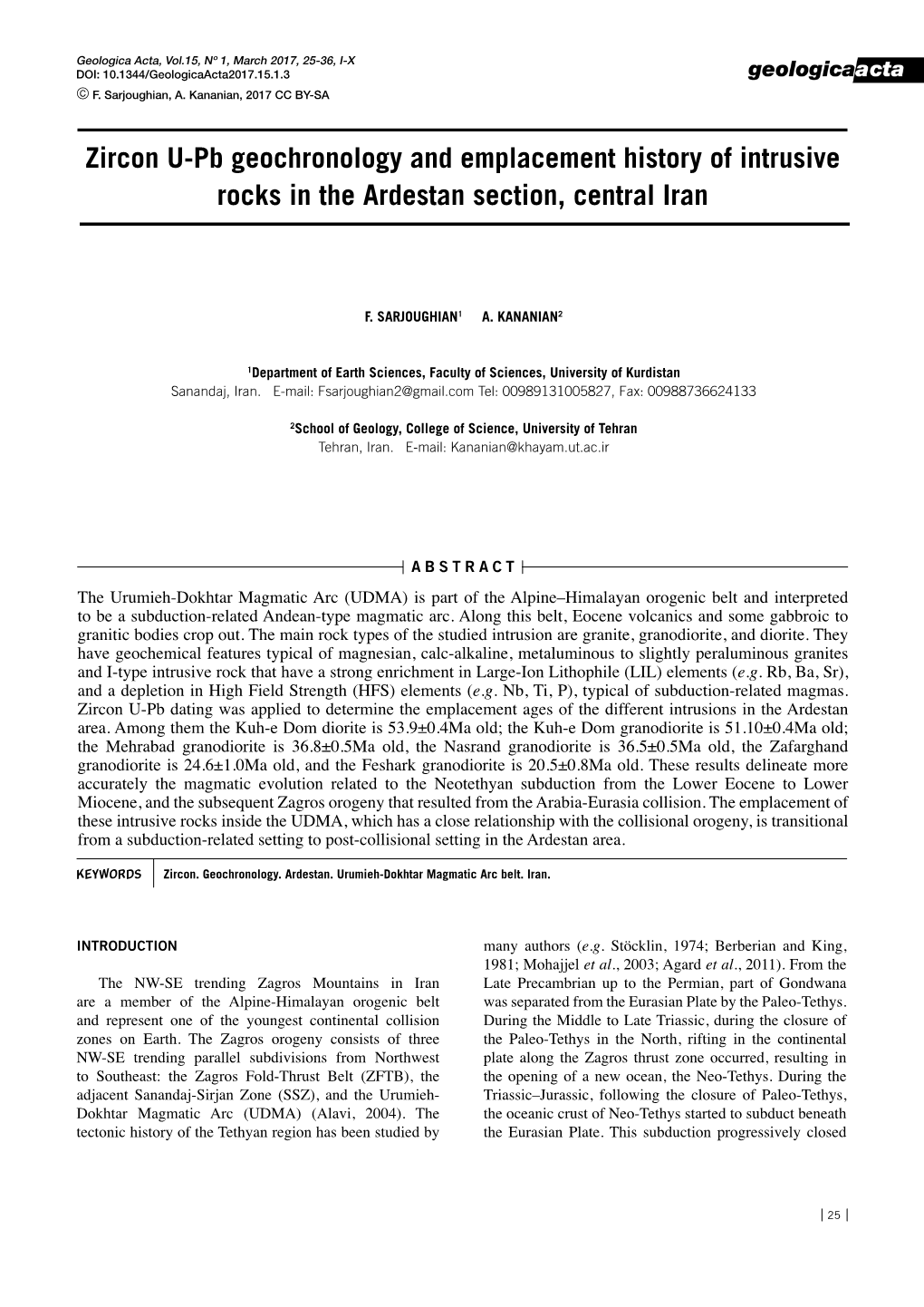 Zircon U-Pb Geochronology and Emplacement History of Intrusive Rocks in the Ardestan Section, Central Iran