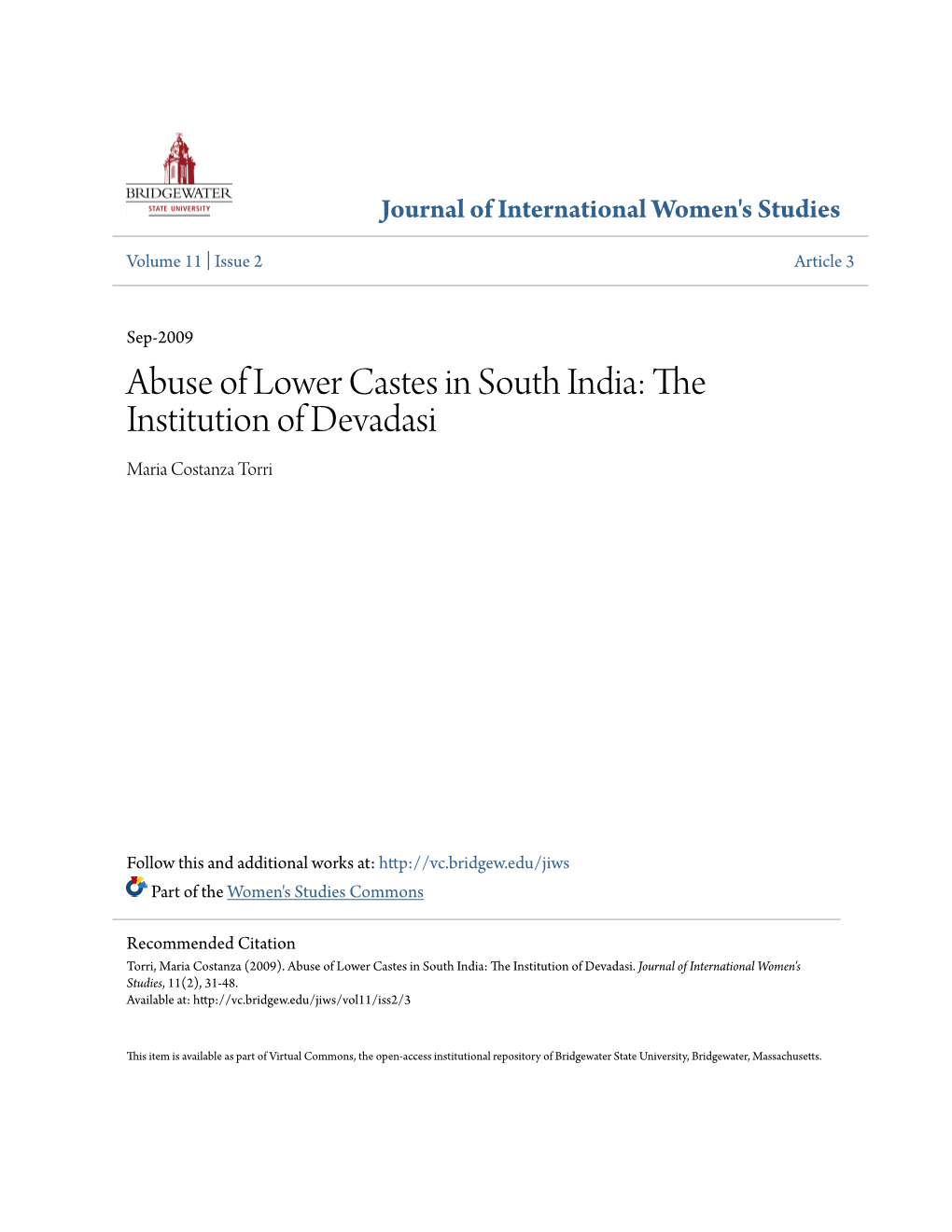 Abuse of Lower Castes in South India: the Institution of Devadasi Maria Costanza Torri