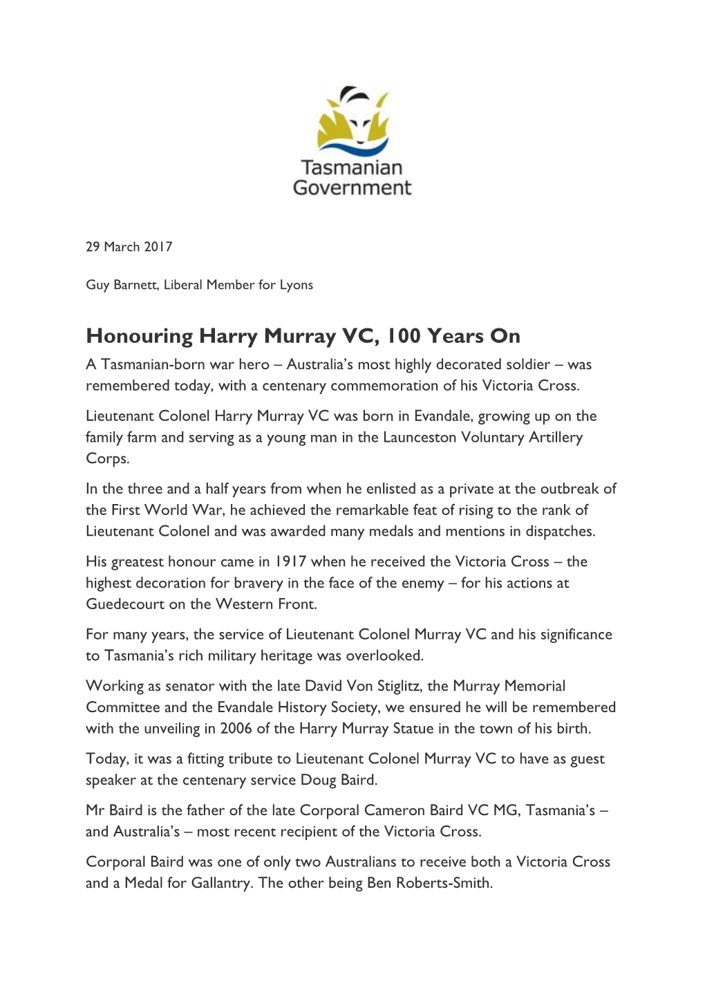 Honouring Harry Murray VC, 100 Years On