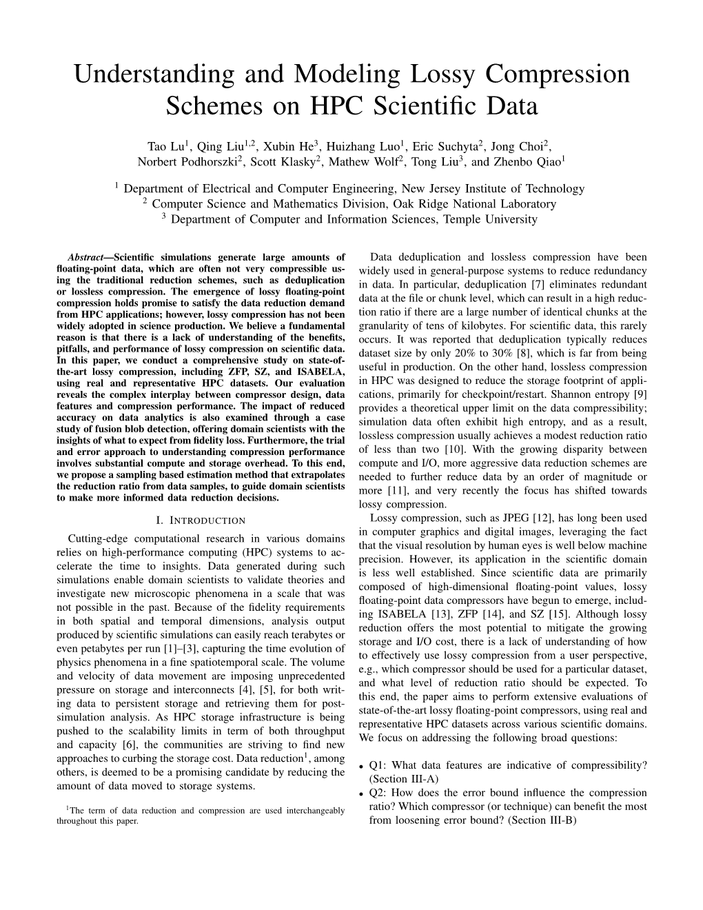 Understanding and Modeling Lossy Compression Schemes on HPC Scientiﬁc Data