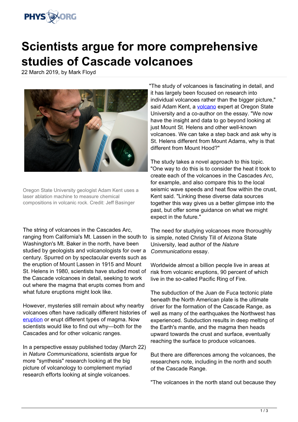 Scientists Argue for More Comprehensive Studies of Cascade Volcanoes 22 March 2019, by Mark Floyd