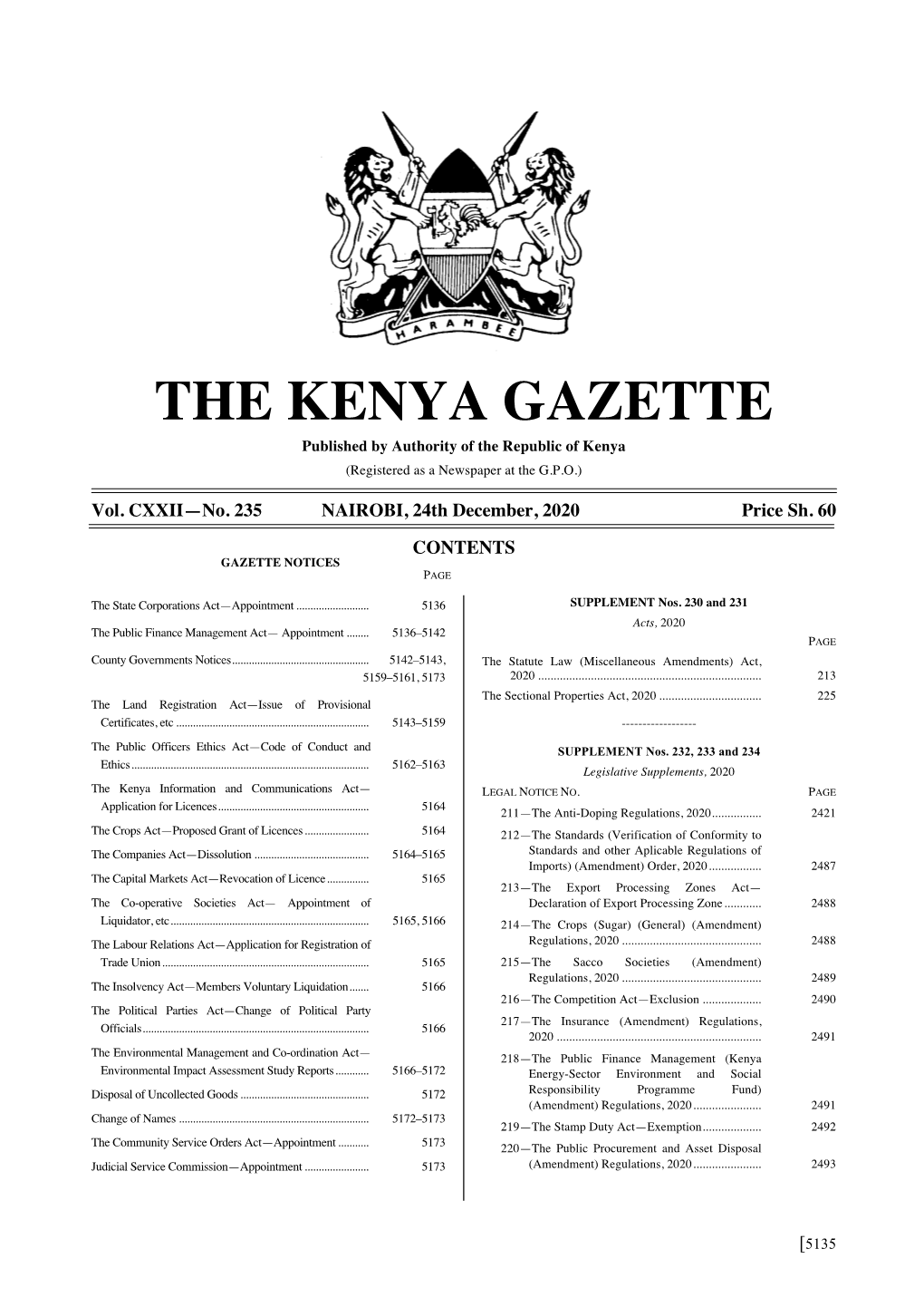 THE KENYA GAZETTE Published by Authority of the Republic of Kenya (Registered As a Newspaper at the G.P.O.)