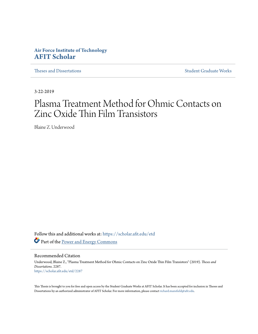 Plasma Treatment Method for Ohmic Contacts on Zinc Oxide Thin Film Transistors