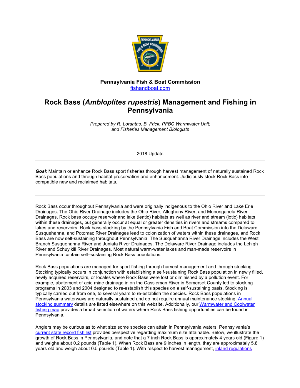Rock Bass (Ambloplites Rupestris) Management and Fishing in Pennsylvania
