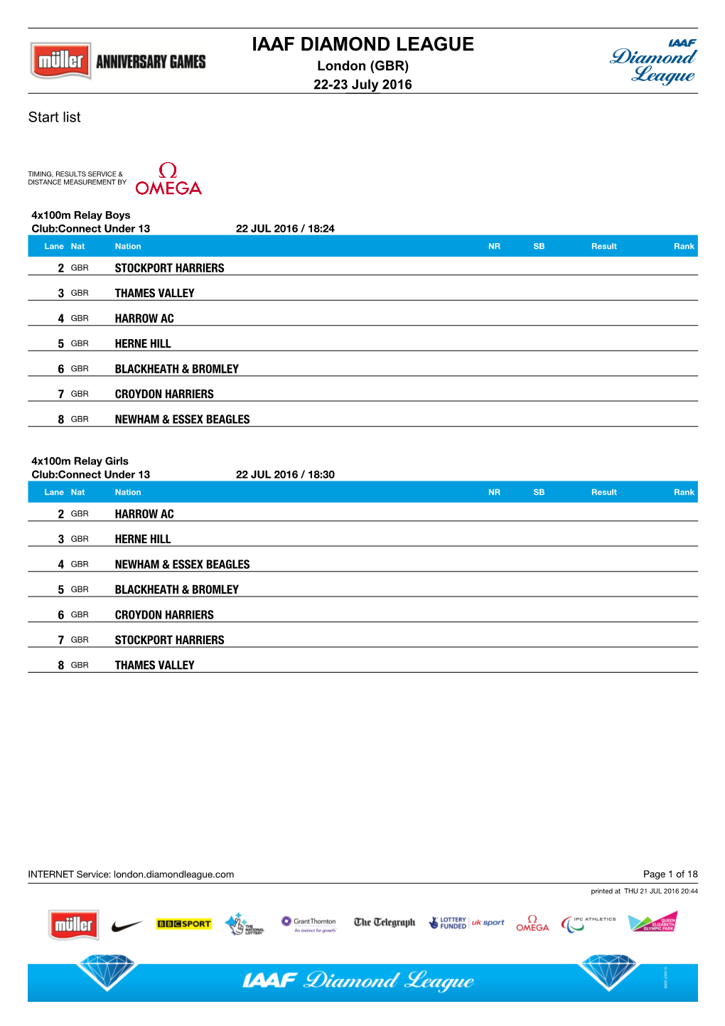 IAAF DIAMOND LEAGUE London (GBR) 22-23 July 2016