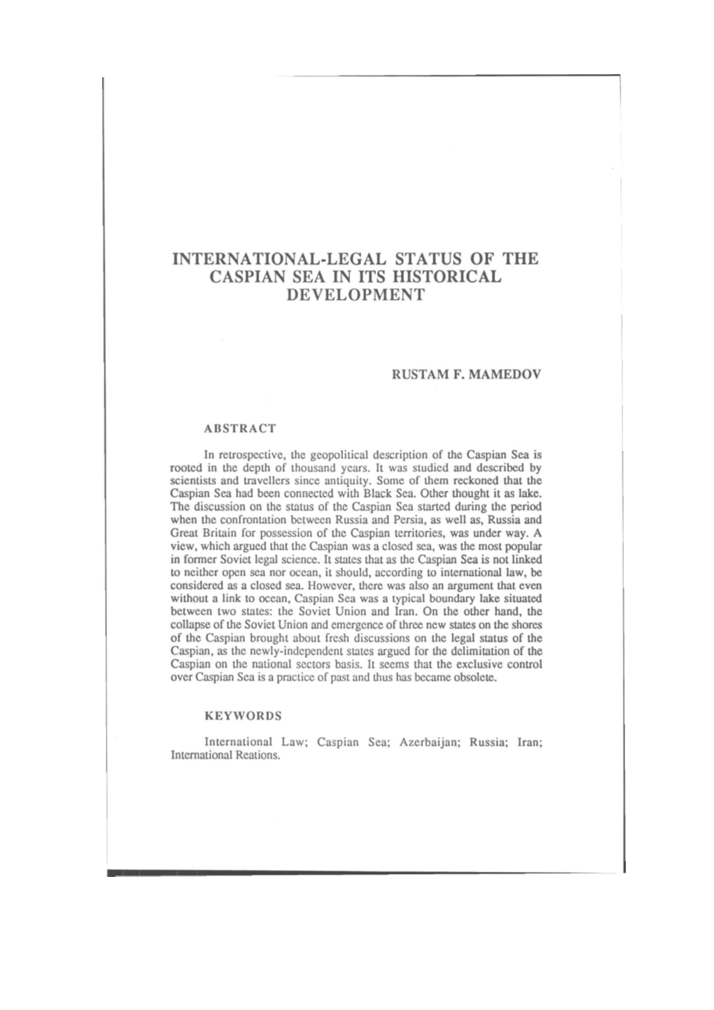 International-Legal Status of the Caspian Sea in Its Historical Development