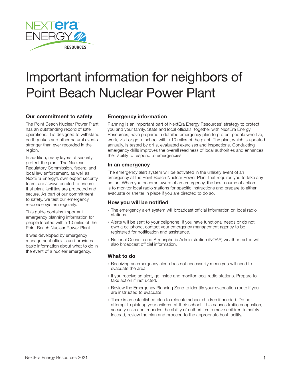 Important Information for Neighbors of Point Beach Nuclear Power Plant