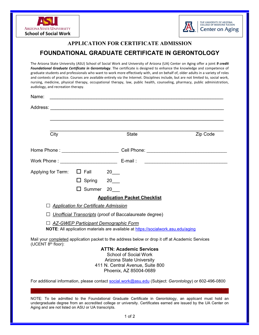 Application for Certificate Admission Foundational Graduate Certificate in Gerontology