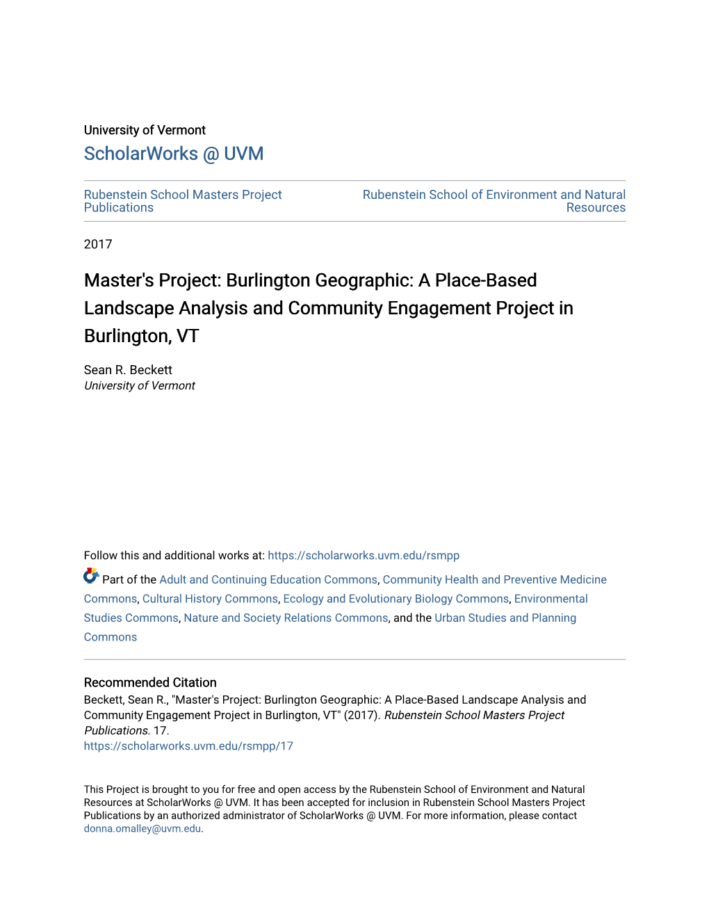 A Place-Based Landscape Analysis and Community Engagement Project in Burlington, VT
