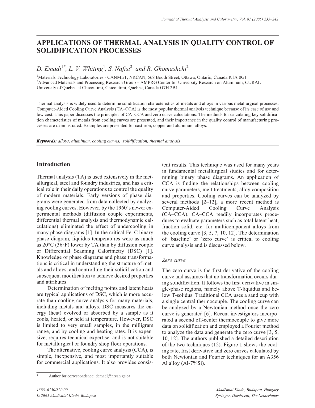 Applications of Thermal Analysis in Quality Control of Solidification Processes