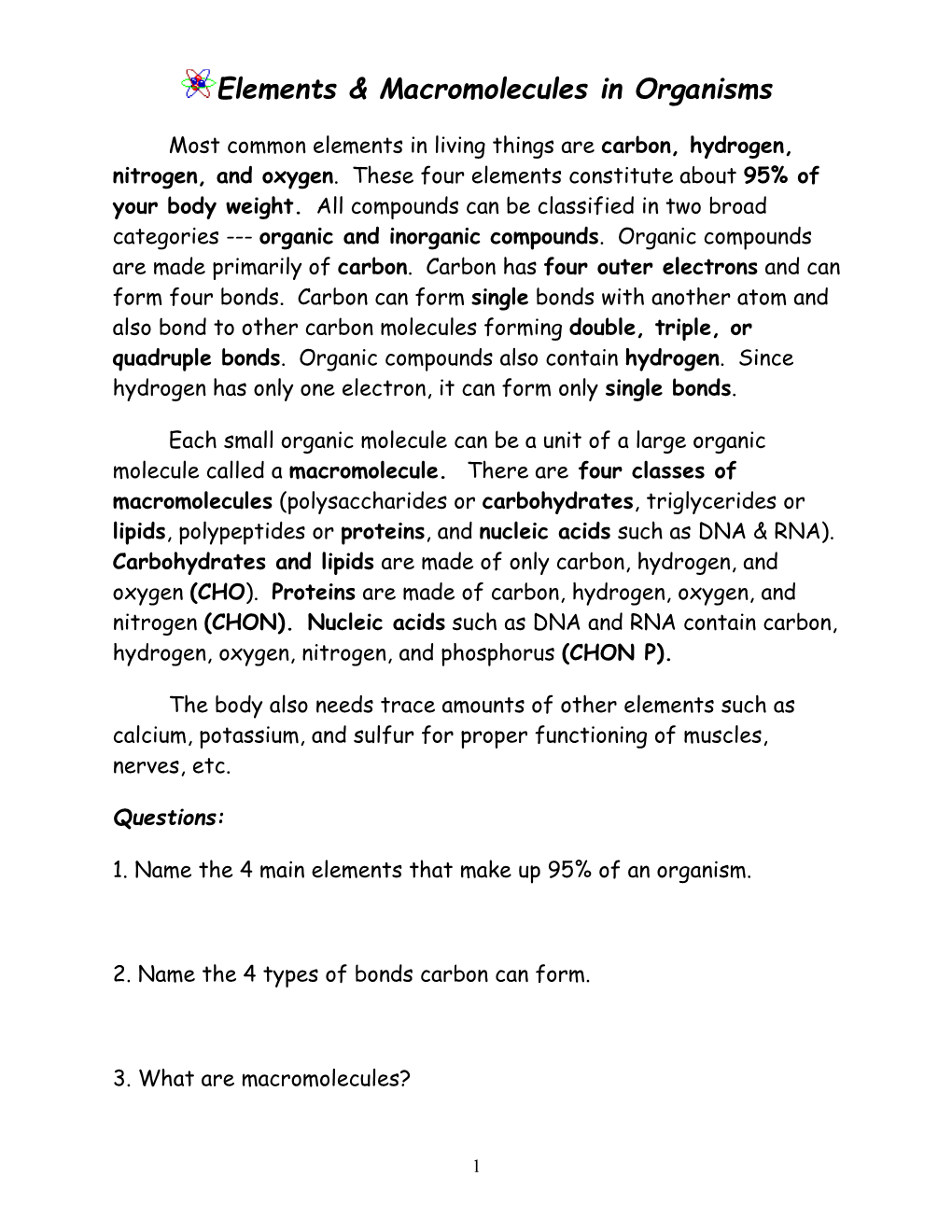 Elements & Macromolecules in Organisms