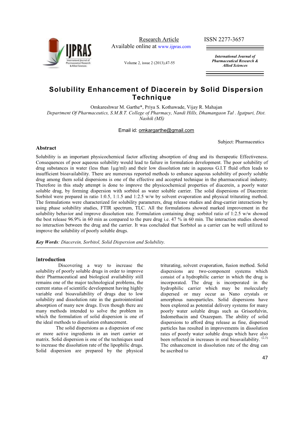 Solubility Enhancement of Diacerein by Solid Dispersion Technique Omkareshwar M