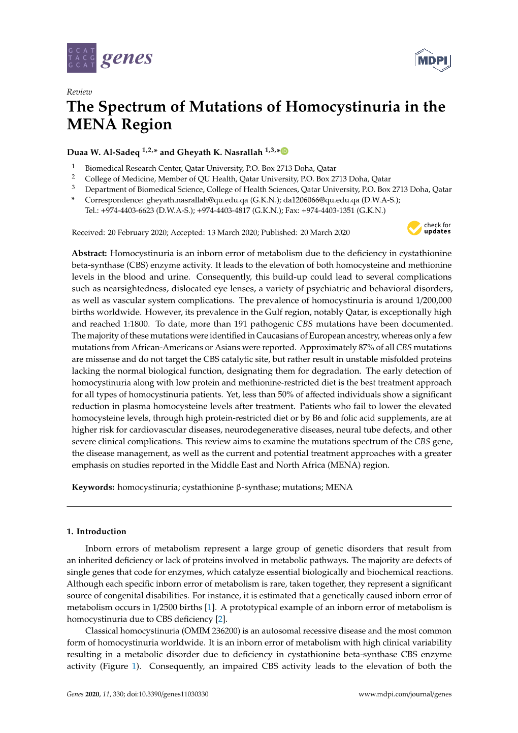 The Spectrum of Mutations of Homocystinuria in the MENA Region