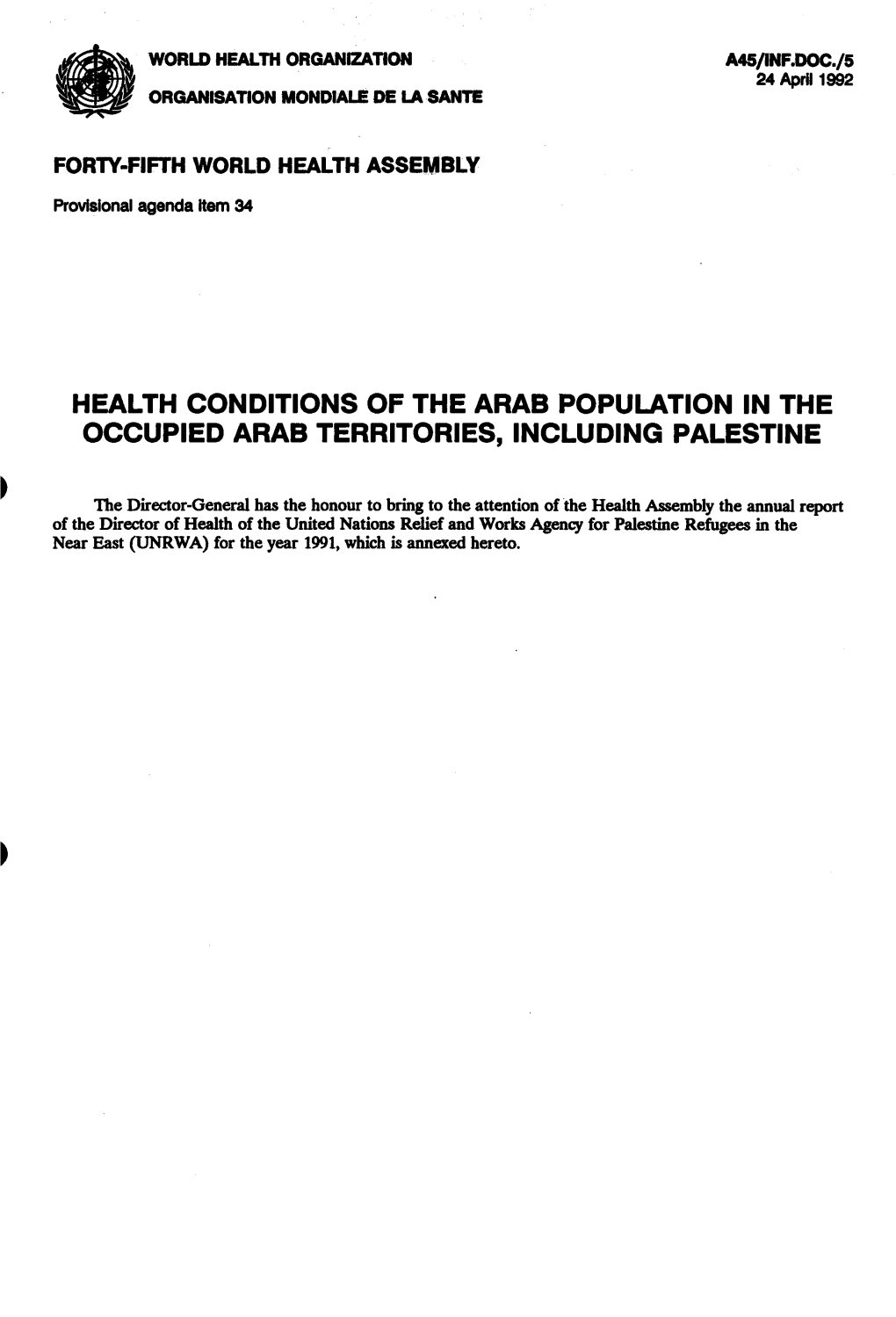 Health Conditions of the Arab Population in the Occupied Arab Territories, Including Palestine