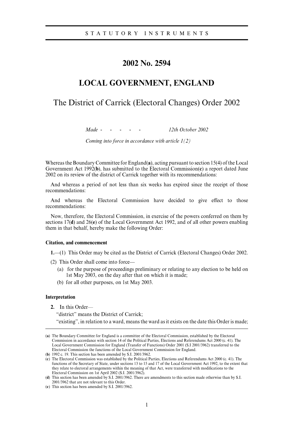 2002 No. 2594 LOCAL GOVERNMENT, ENGLAND The