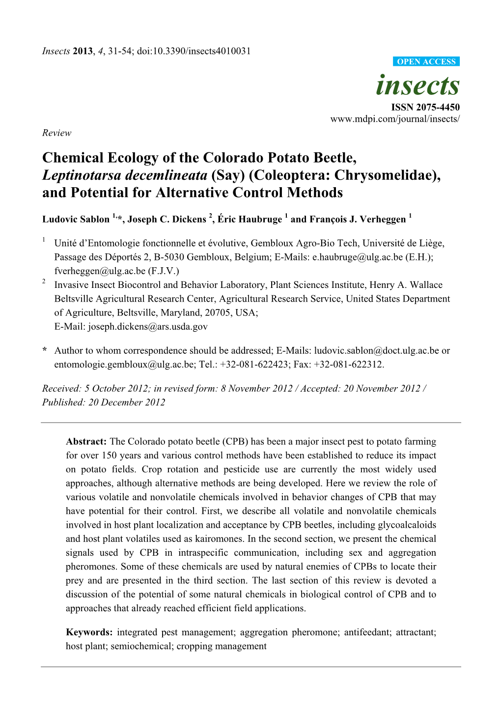Chemical Ecology of the Colorado Potato Beetle, Leptinotarsa Decemlineata (Say) (Coleoptera: Chrysomelidae), and Potential for Alternative Control Methods