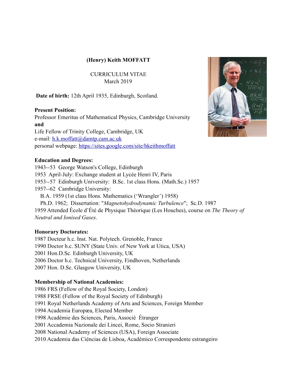 Keith MOFFATT CURRICULUM VITAE March 2019 Date of Birth