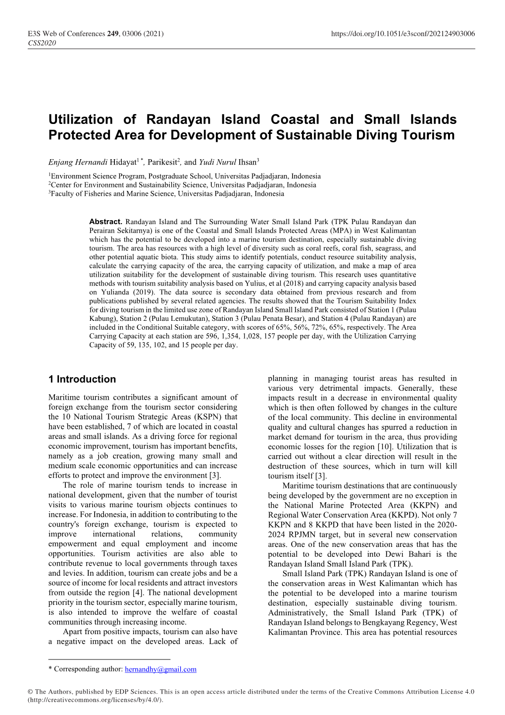 Utilization of Randayan Island Coastal and Small Islands Protected Area for Development of Sustainable Diving Tourism