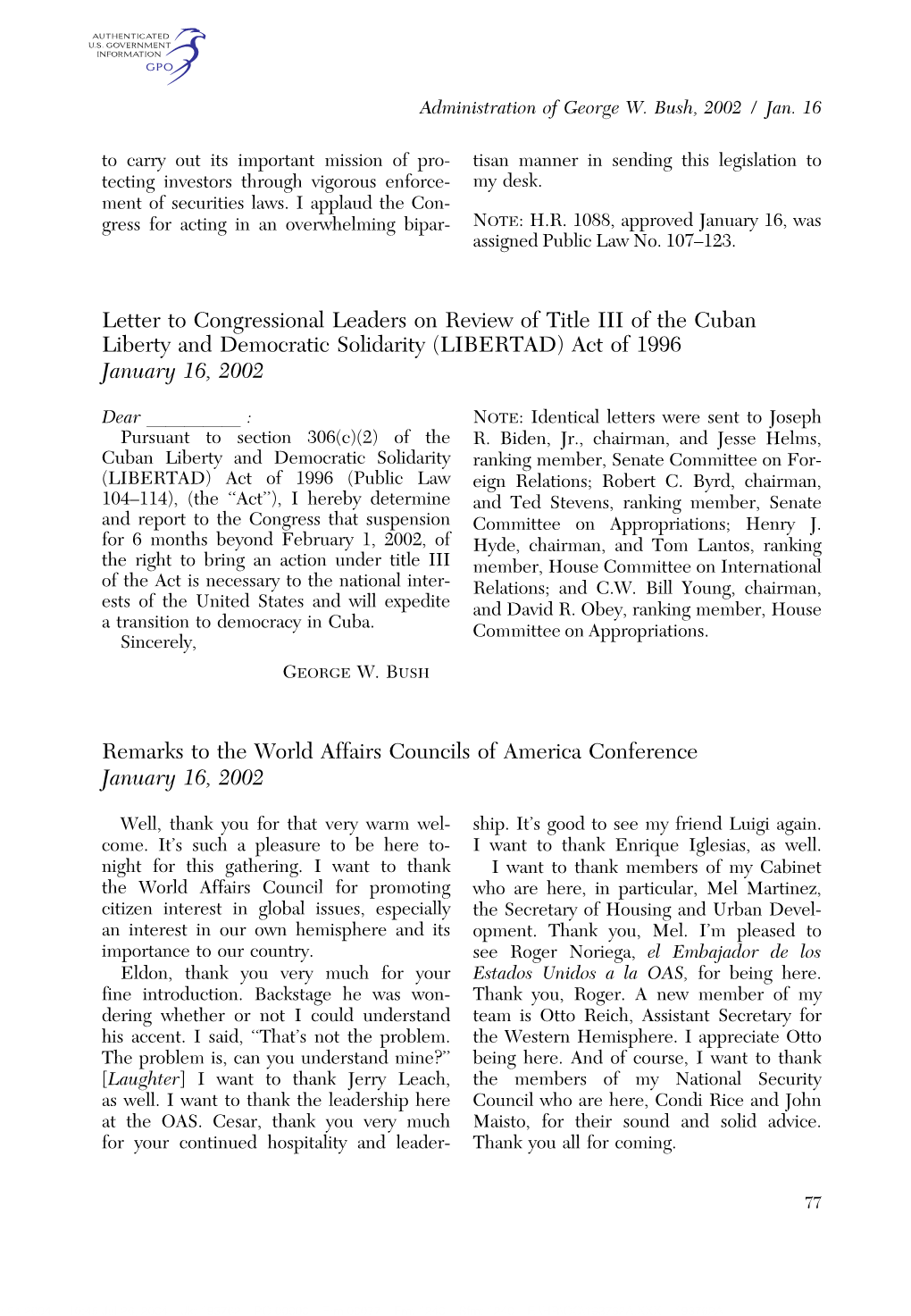 Letter to Congressional Leaders on Review of Title III of the Cuban Liberty and Democratic Solidarity (LIBERTAD) Act of 1996 January 16, 2002