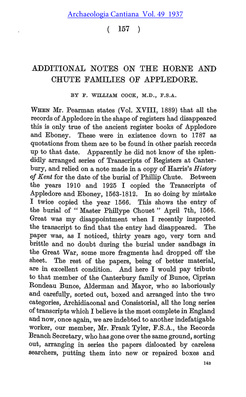 Additional Notes on the Horne and Chute Families of Appledore
