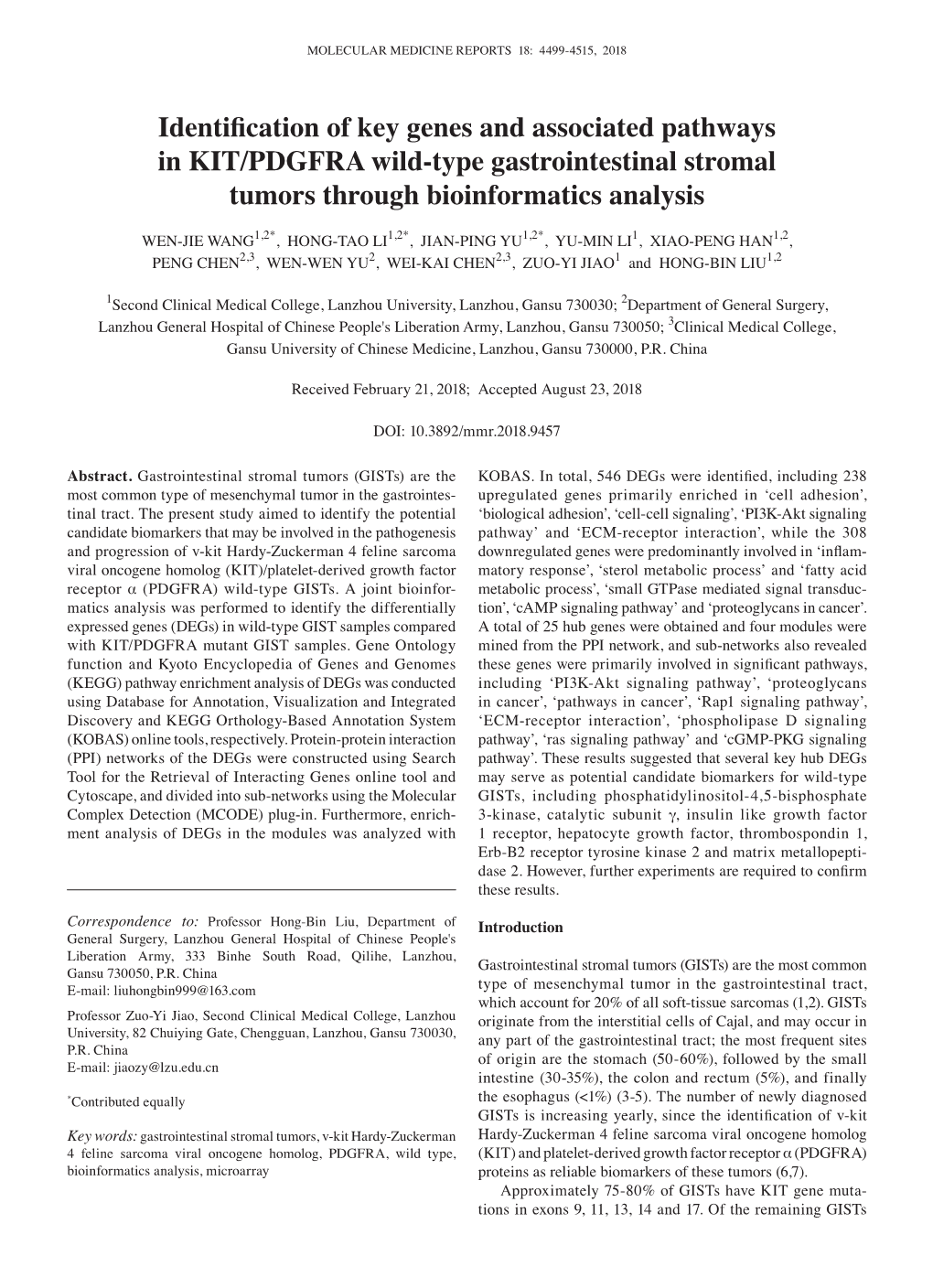 Identification of Key Genes and Associated Pathways in KIT/PDGFRA Wild‑Type Gastrointestinal Stromal Tumors Through Bioinformatics Analysis