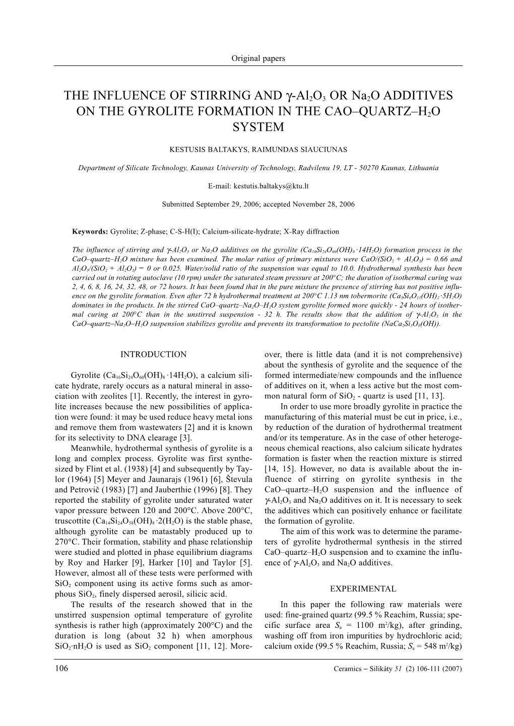 The Influence of Stirring and Γ-Al2o3 Or Na2o Additives on the Gyrolite (Ca16si24o60(OH)8 ·14H2O) Formation Process in The