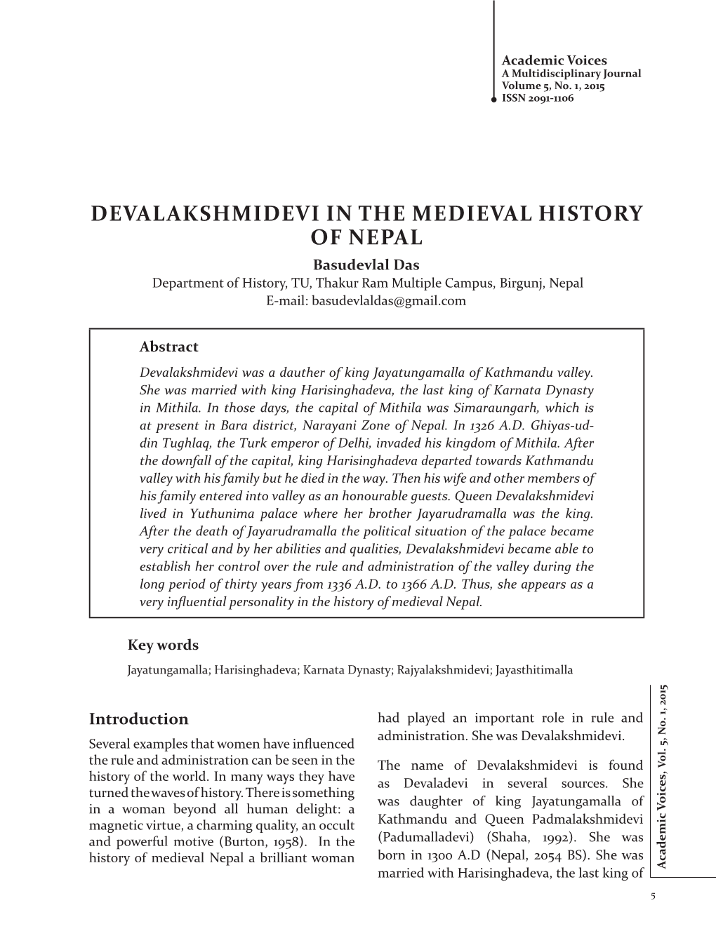 Devalakshmidevi in the Medieval History of Nepal