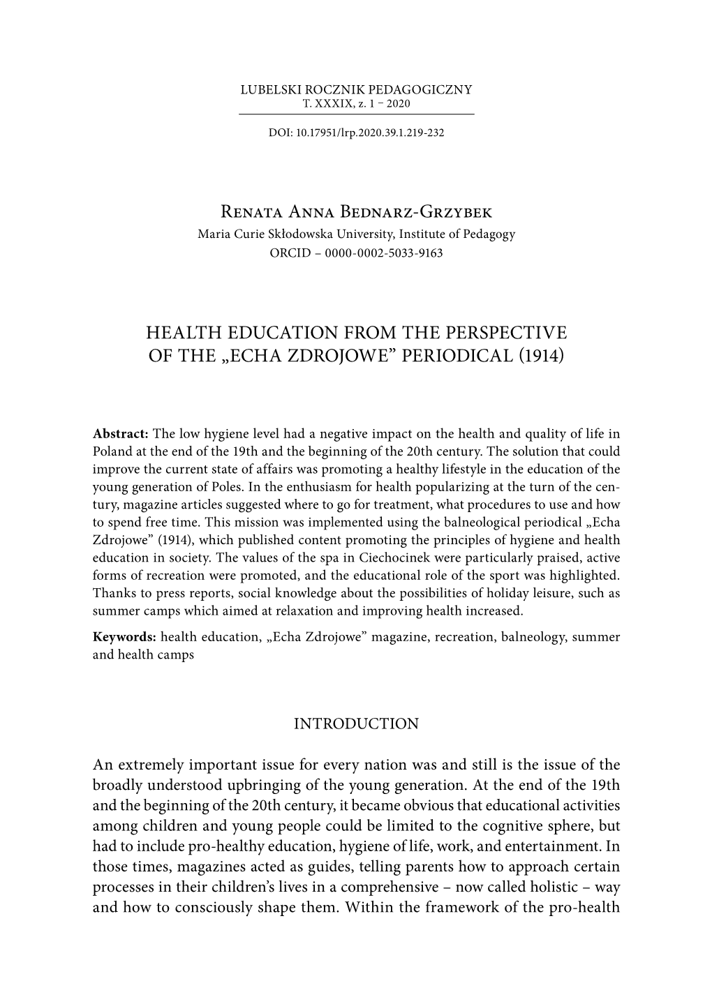 Renata Anna Bednarz-Grzybek Health Education from the Perspective of the „Echa Zdrojowe” Periodical (1914)