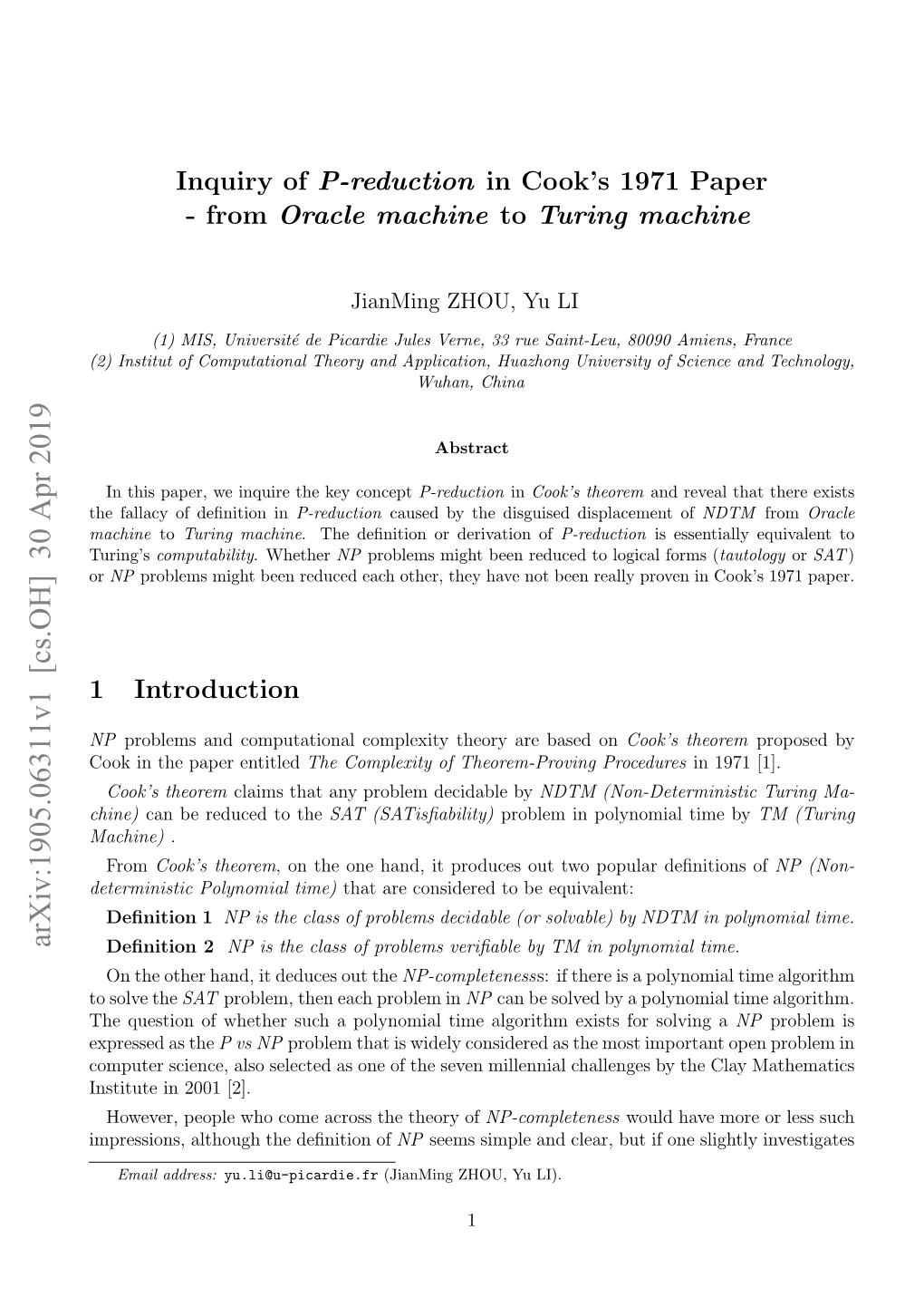 Inquiry of P-Reduction in Cook's 1971 Paper--From Oracle Machine To