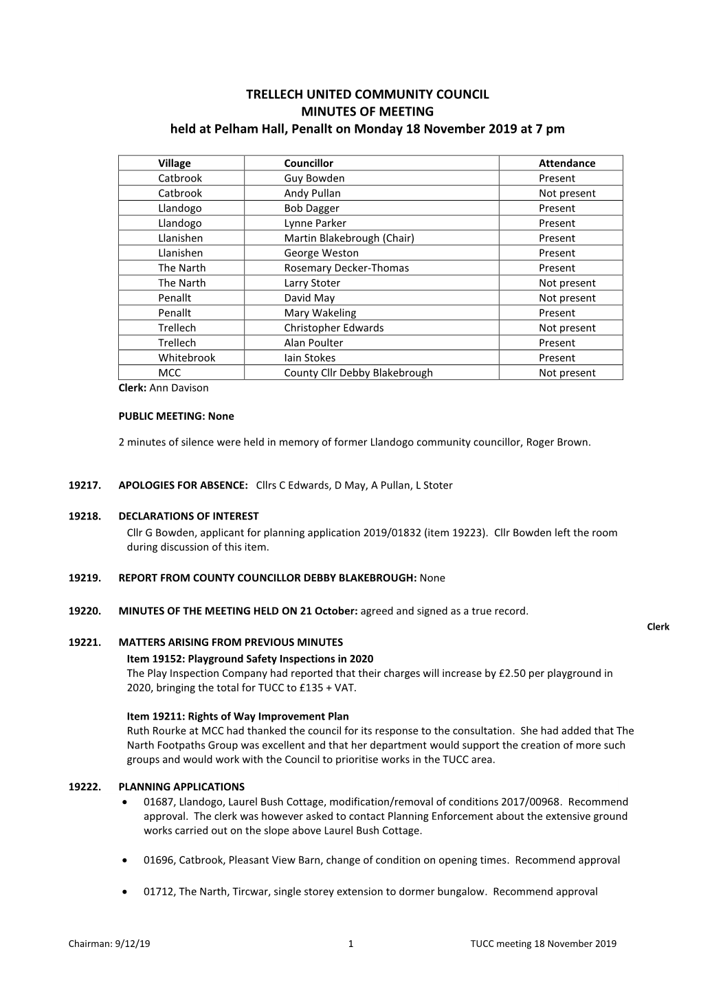 TRELLECH UNITED COMMUNITY COUNCIL MINUTES of MEETING Held at Pelham Hall, Penallt on Monday 18 November 2019 at 7 Pm