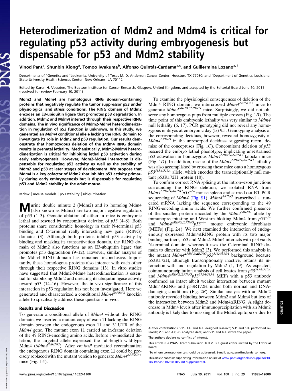 Heterodimerization of Mdm2 and Mdm4 Is Critical for Regulating P53 Activity During Embryogenesis but Dispensable for P53 and Mdm2 Stability