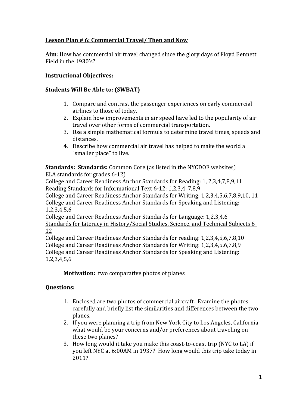 Lesson Plan # 5: Commercial Travel/ Then And Now