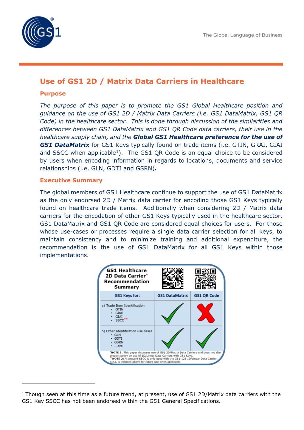 Use of GS1 2D/Matrix Data Carriers in Healthcare