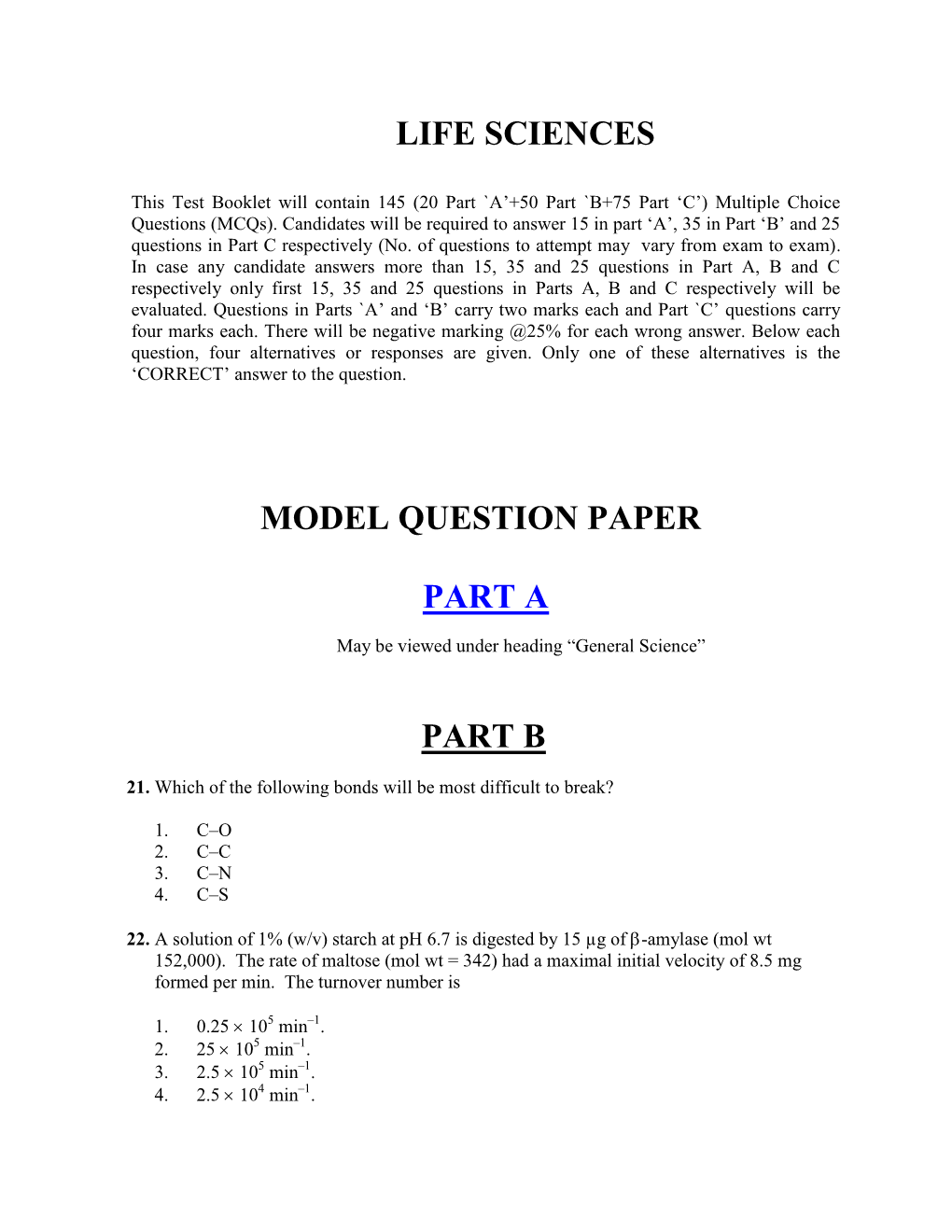 Life Sciences Model Question Paper Part a Part B
