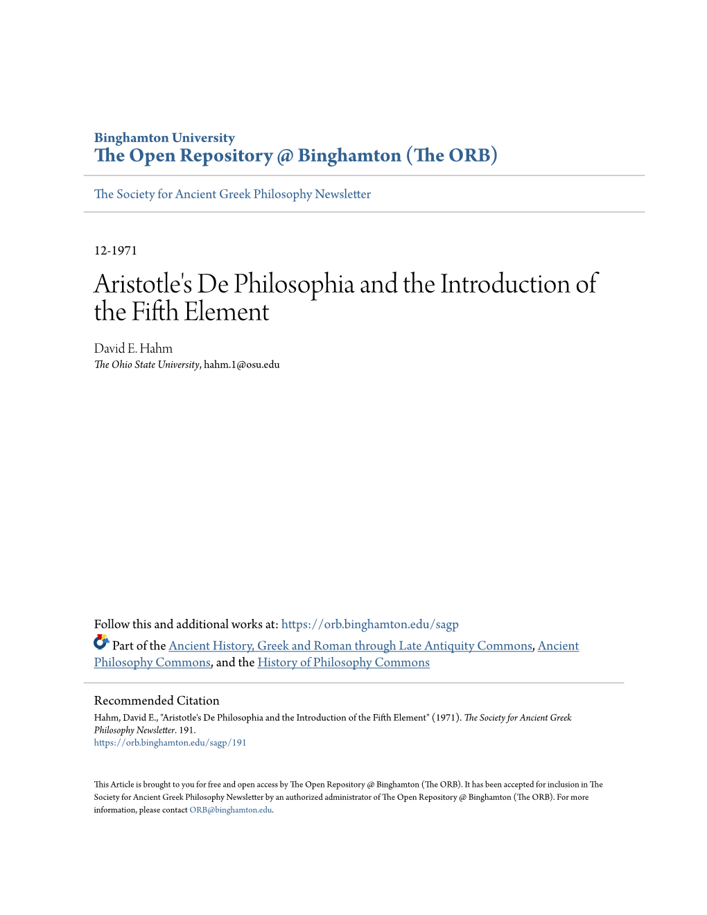 Aristotle's De Philosophia and the Introduction of the Fifth Lee Ment David E