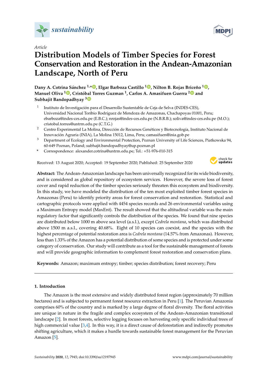 Distribution Models of Timber Species for Forest Conservation and Restoration in the Andean-Amazonian Landscape, North of Peru