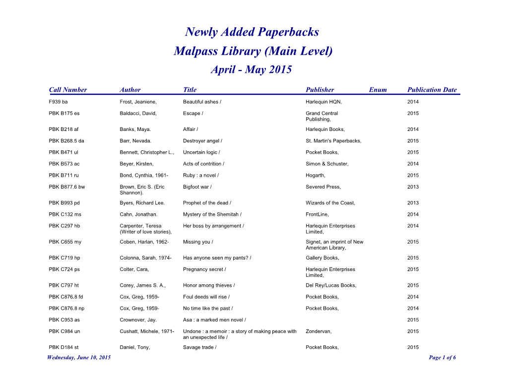 Newly Added Paperbacks Malpass Library (Main Level) April - May 2015