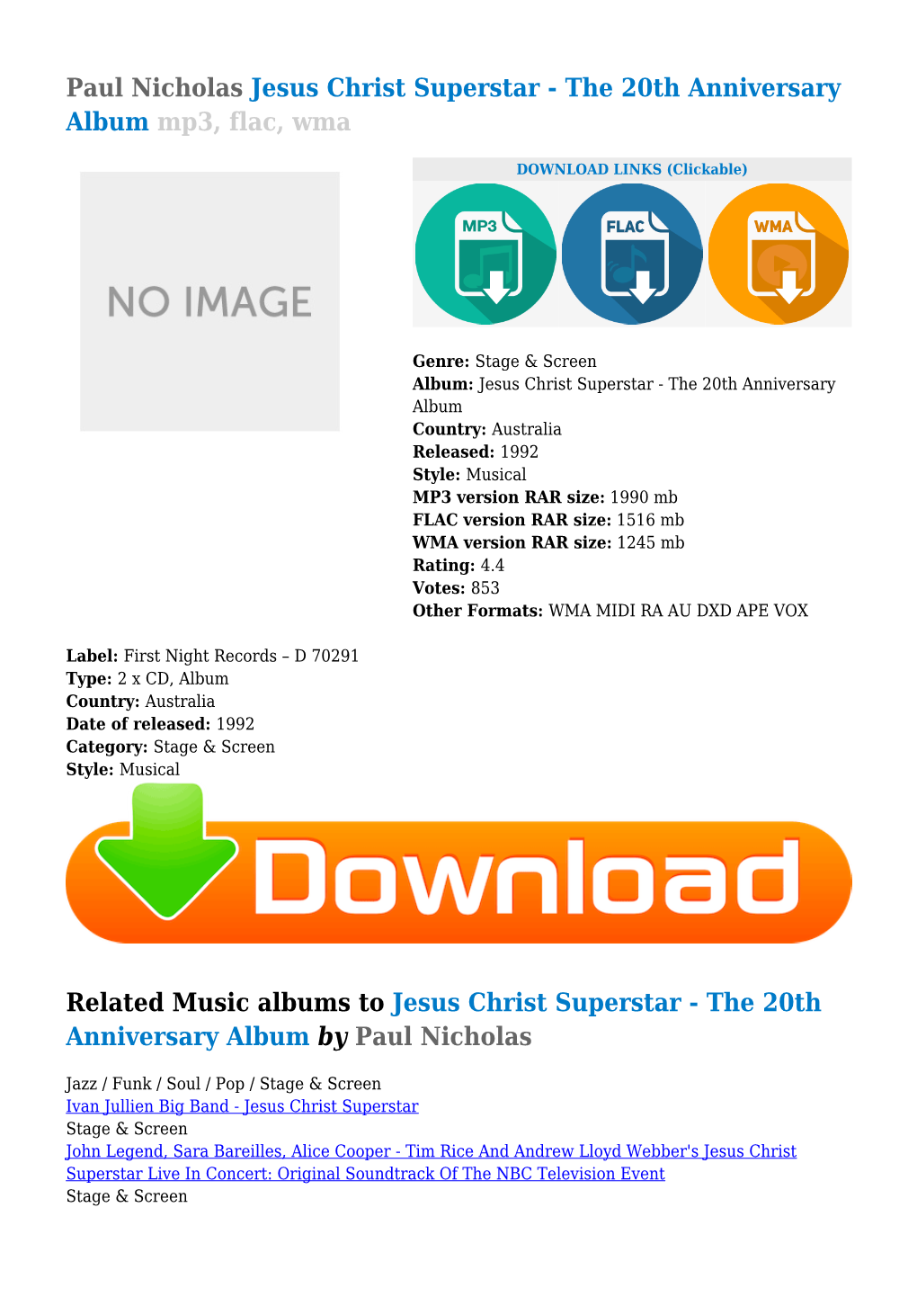 Paul Nicholas Jesus Christ Superstar - the 20Th Anniversary Album Mp3, Flac, Wma