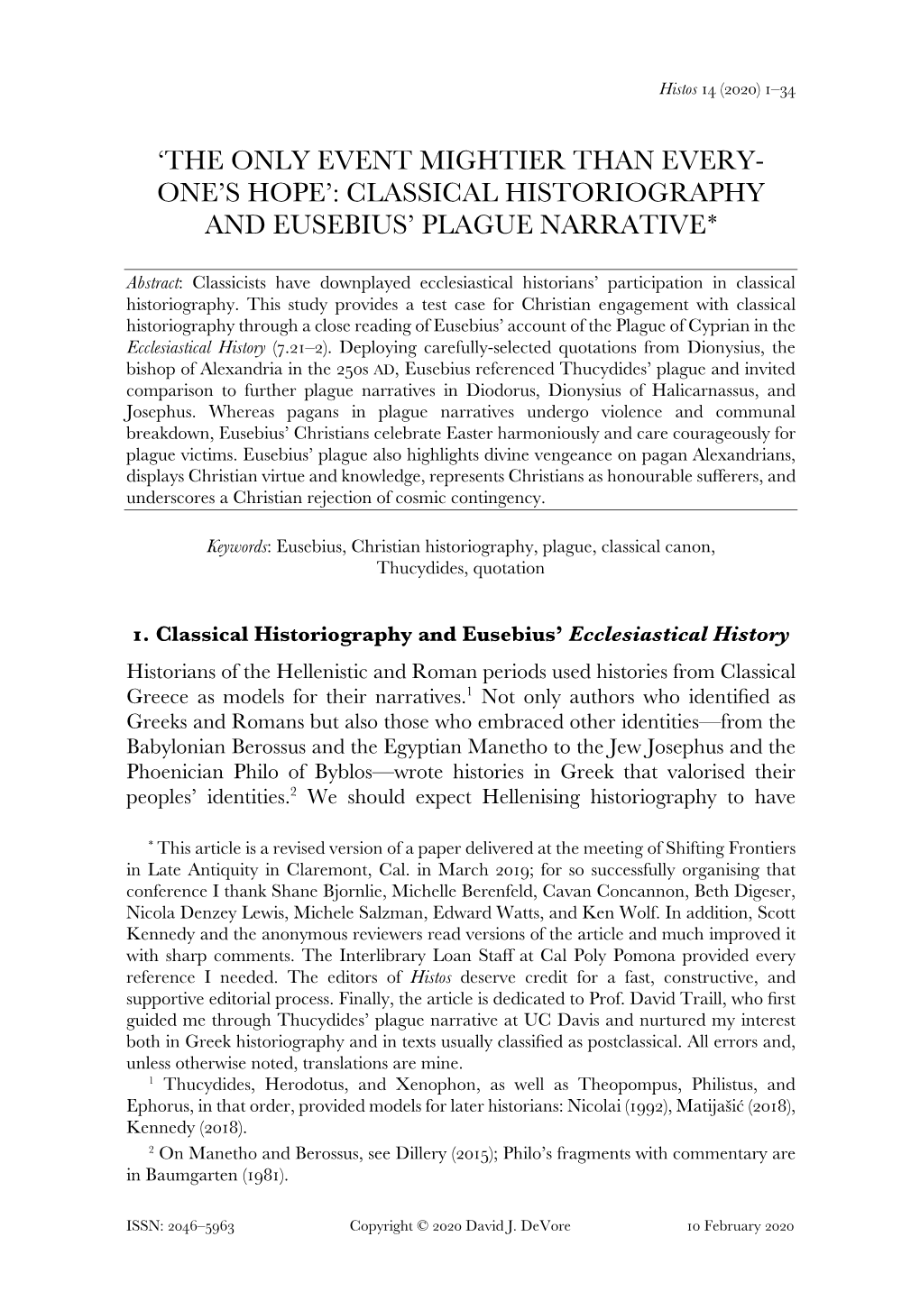 Classical Historiography and Eusebius' Plague Narrative