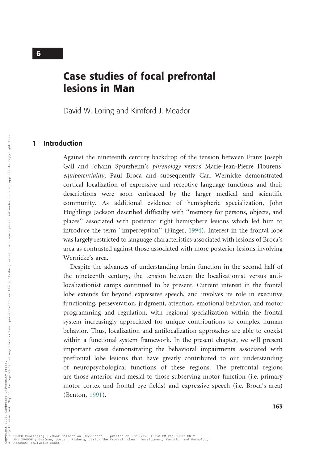 Case Studies of Focal Prefrontal Lesions in Man