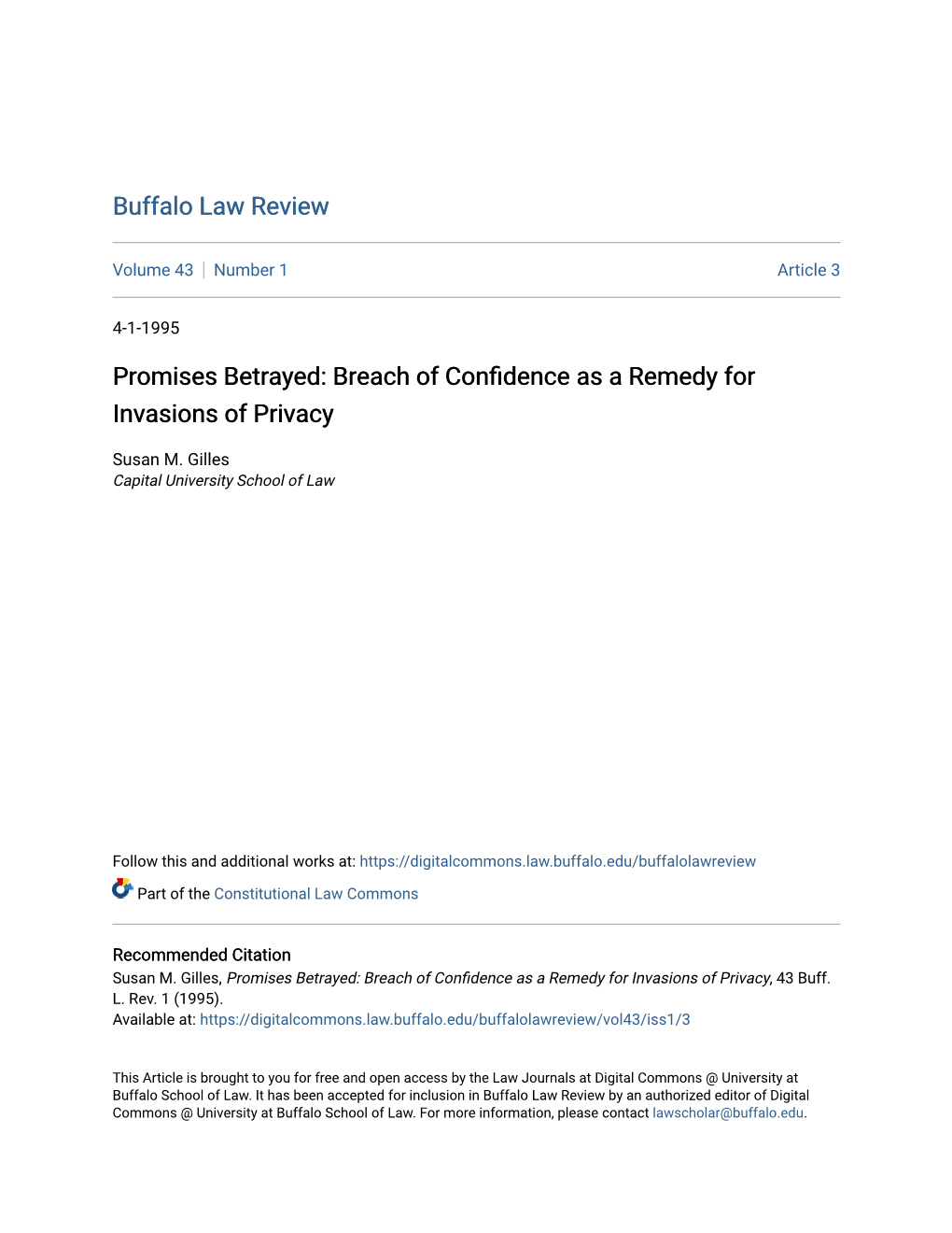 Promises Betrayed: Breach of Confidence As a Remedy for Invasions of Privacy