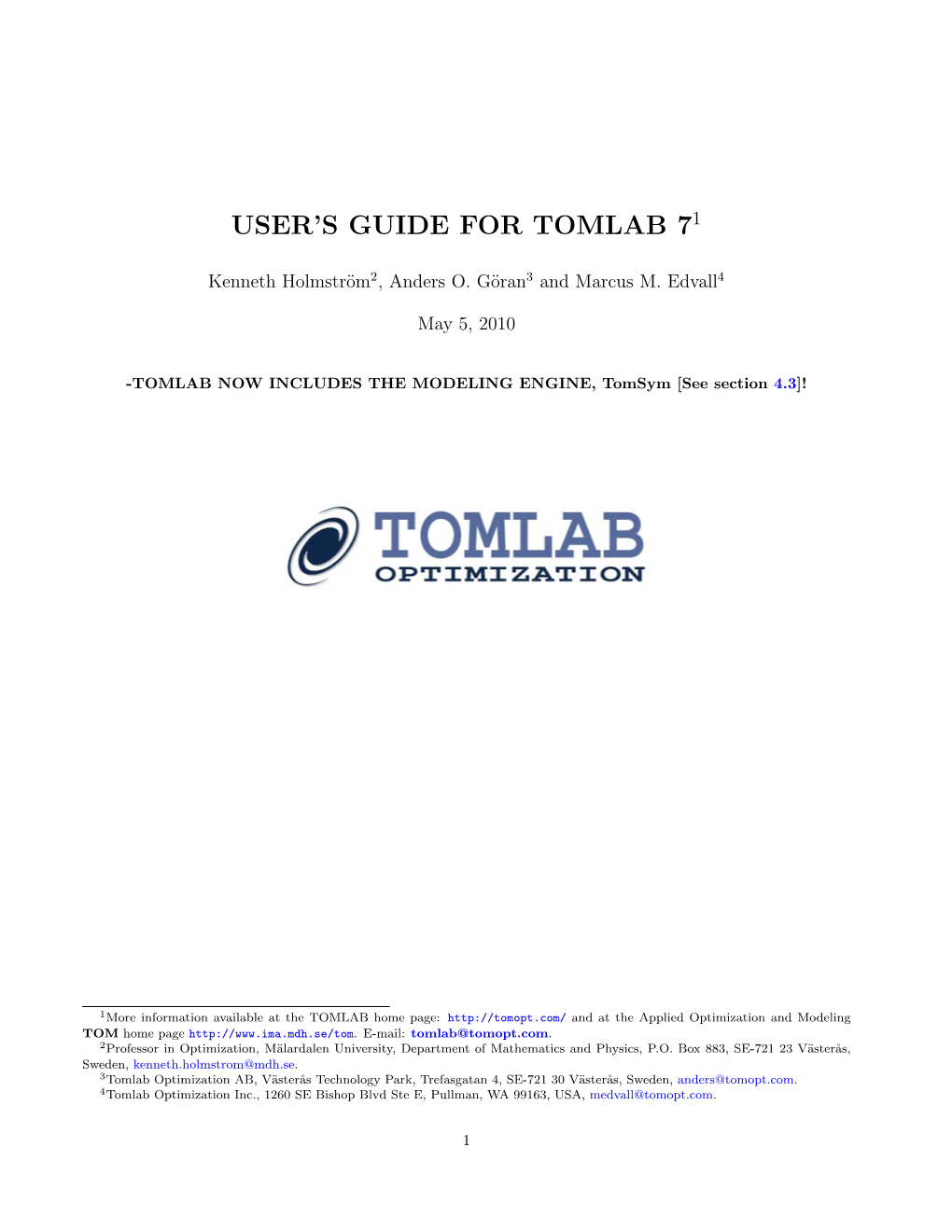 User's Guide for Tomlab 7