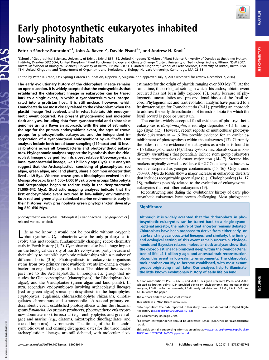 Early Photosynthetic Eukaryotes Inhabited Low-Salinity Habitats