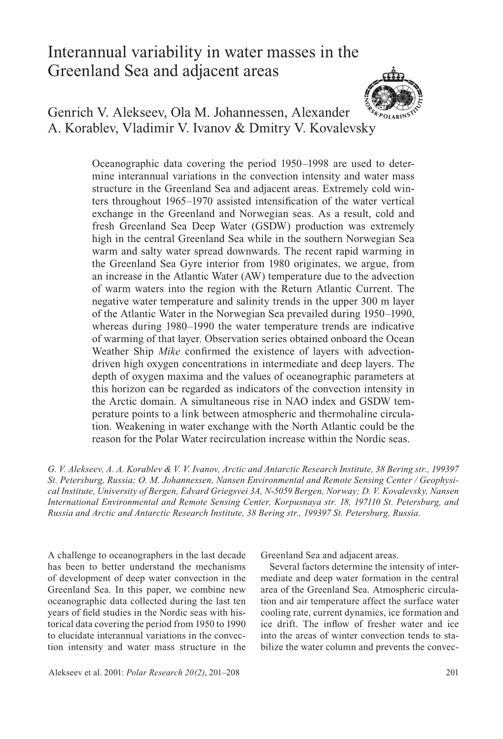 Interannual Variability in Water Masses in the Greenland Sea and Adjacent Areas