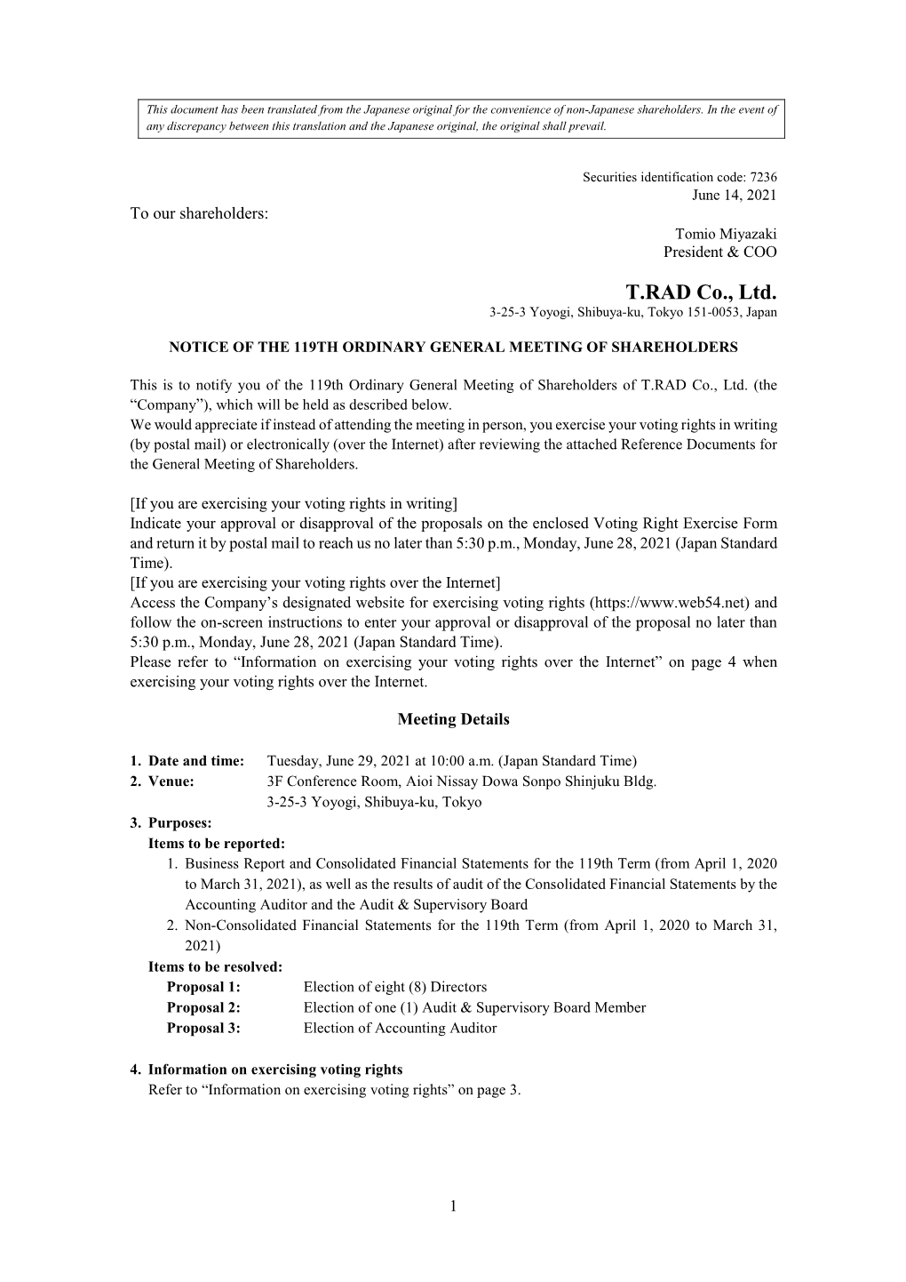 Notice of the 119Th Ordinary General Meeting of Shareholders(June 14, 2021)