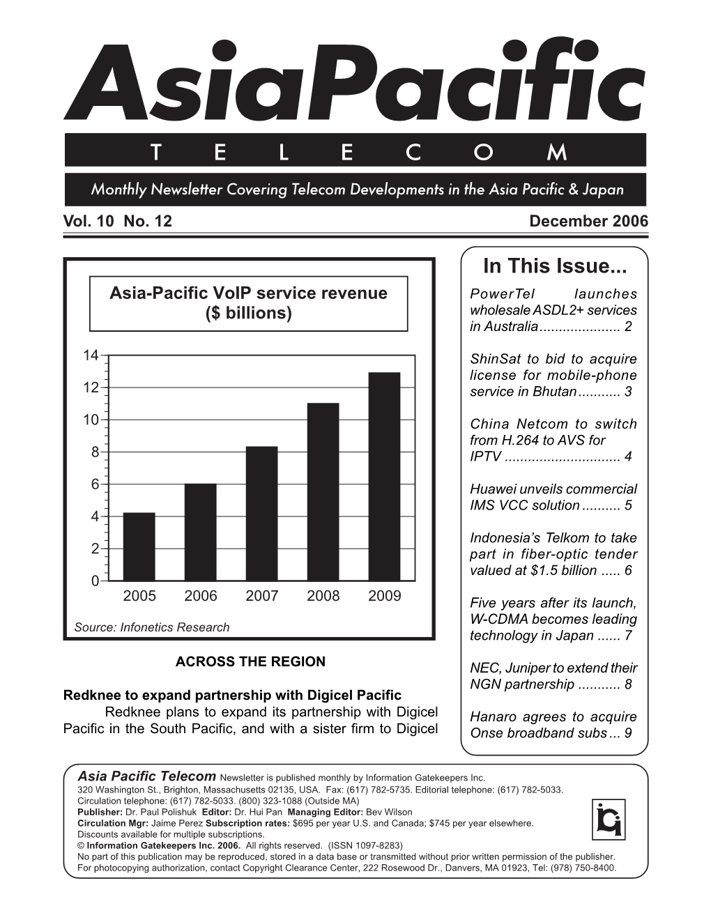 In This Issue... Asia-Pacific Voip Service Revenue Powertel Launches ($ Billions) Wholesale ASDL2+ Services in Australia