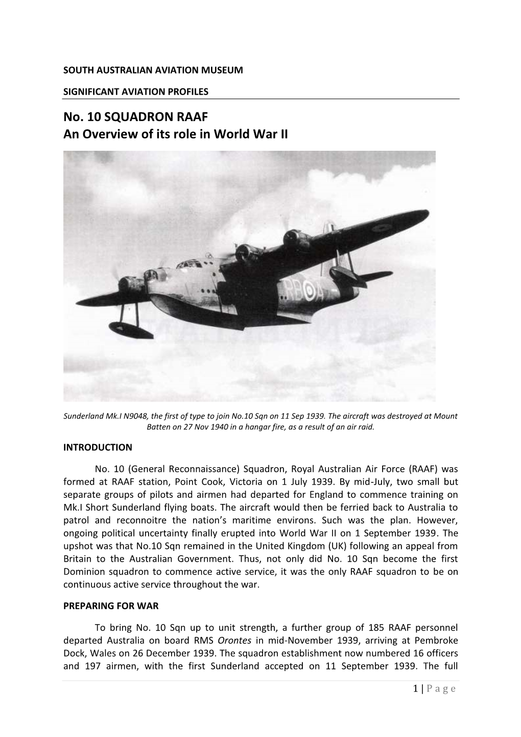 No. 10 SQUADRON RAAF an Overview of Its Role in World War II